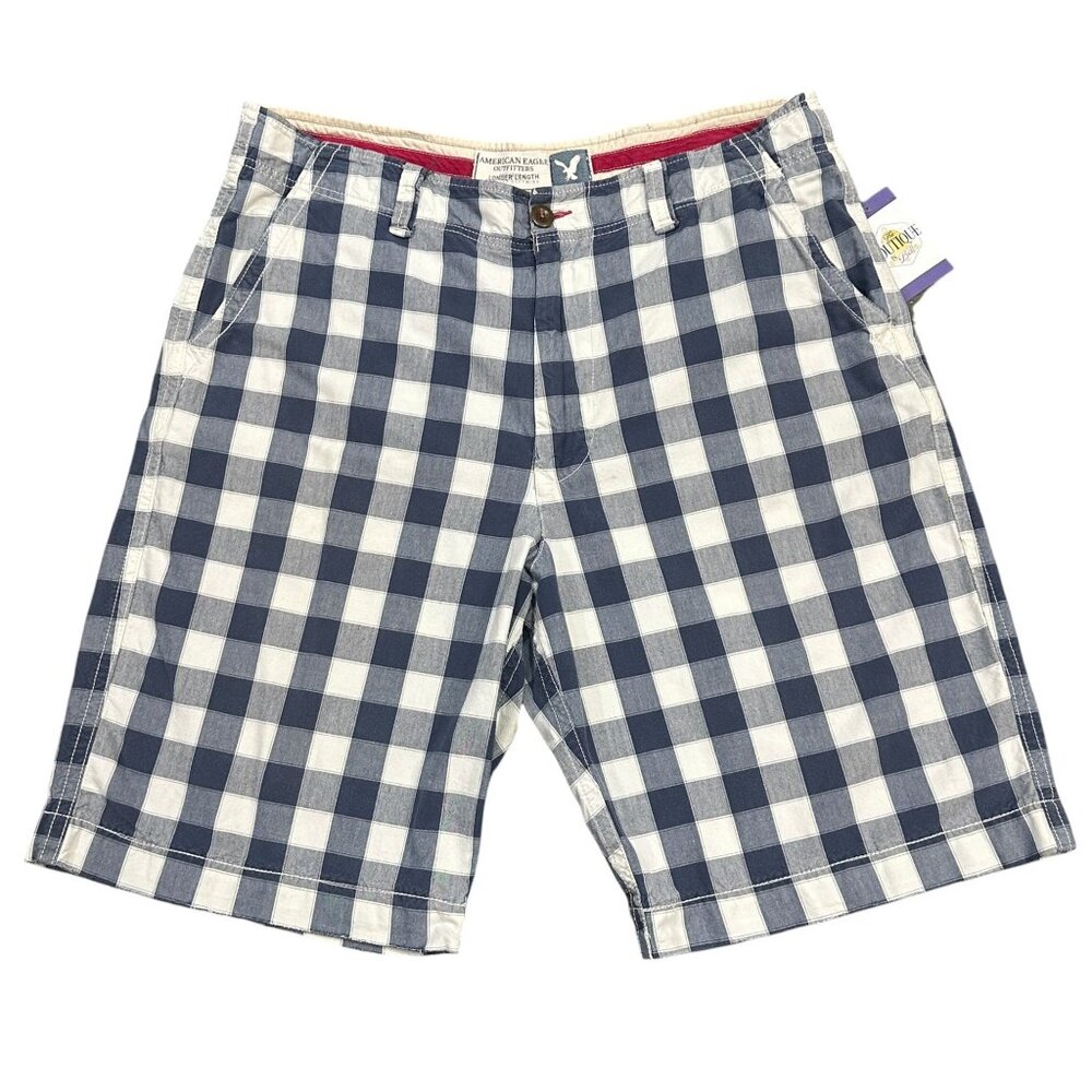 American Eagle Outfitters Mens 32 Blue White Checkered Flat Front Shorts Casual